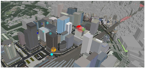 東京千代田区大手町付近の街区の3Dモデルに人流データを統合したイメージ