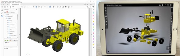 左：「Adobe Acrobat Reader」で3D PDFを閲覧している例／右：iPadのアプリ「eDrawings」で3Dデータを閲覧している例