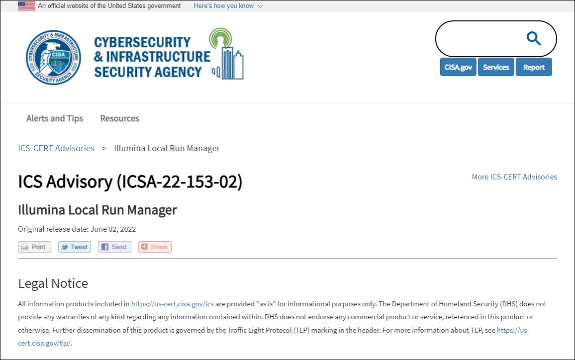 }4@čTCo[ZLeBECtXgN`ZLeBiCISAj̎V[PT[̐Ǝ㐫Ɋւ钍ӊNmNbNŊgn oFCybersecurity & Infrastructure Security Agency (CISA)uICS Advisory (ICSA-22-153-02) Illumina Local Run Managervi2022N62j