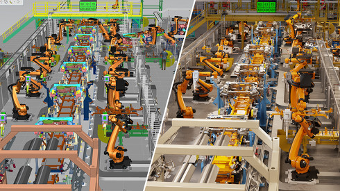 「Siemens Process Simulate」（左）は「NVIDIA Omniverse」（右）と接続し、完全な忠実度、フォトリアリスティック、リアルタイムのデジタルツインを可能にする