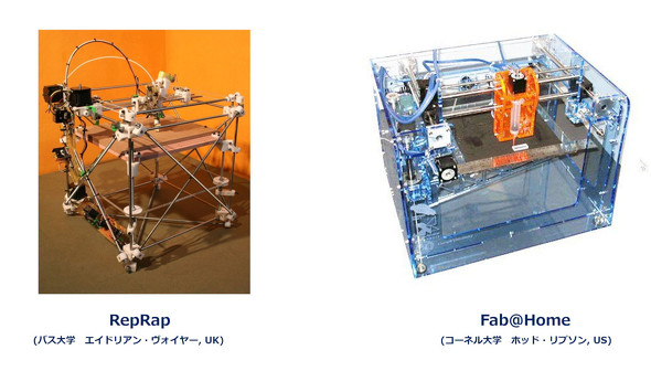 筆者が2007年当時使用していた3Dプリンタ「RepRap」（左）と「Fab@Home」（右）