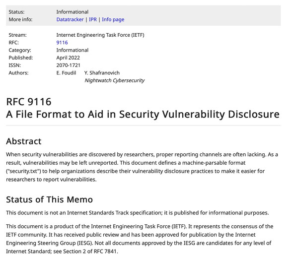 RFC 9116: A File Format to Aid in Security Vulnerability Disclosure