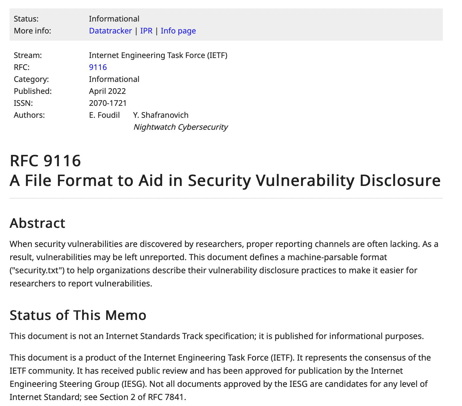 }1@RFC 9116: A File Format to Aid in Security Vulnerability Disclosure