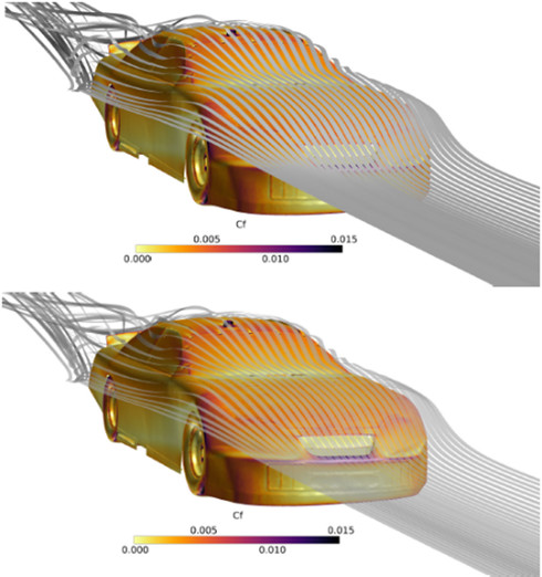 自動車周りの流れ場における従来の流線による可視化（上）と、「FieldView 2022」による新しい半透明の流線での可視化（下）