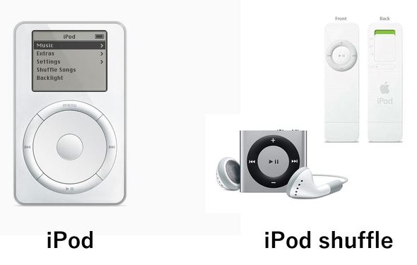 多くの楽曲を保存するためHDDを組み込んだ「iPod」（左）と、面倒な選曲をソフトに任せるという方向性を打ち出した「iPod shuffle」（右）