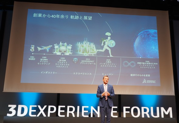 「3DEXPERIENCE FORUM JAPAN 2023」におけるシャーレス氏の講演の様子（3）。これまでの歩みと今後の展望について