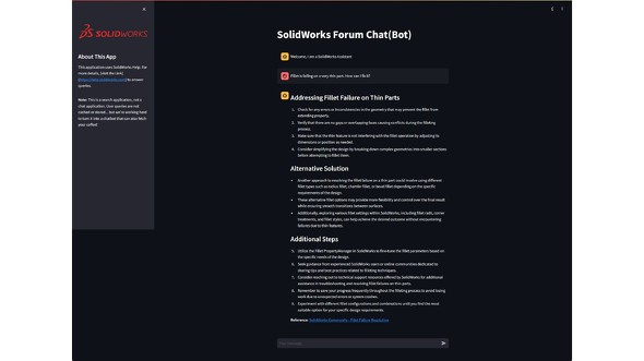 ChatGPT̂悤SOLIDWORKSɊւ鎿ɉ񓚂ĂuSOLIDWORKS Forum ChatiBotjṽC[W