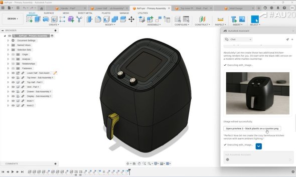 �uAutodesk Assistant�v�Ɂu�v���[���p�̑f�ނ��쐬���Ăق����v�Ǝw������ƁA�uAzure OpenAI Service�v��uGPT Image 1�v�����p���ĕ����̃f�U�C���o���G�[�V�������쐬���A���ꂼ����قȂ���ɔz�u�����摜�𐶐��B����ɁA�^�C�g����L���b�`�R�s�[�܂ŕt�^���āuPowerPoint�v�̎���������������