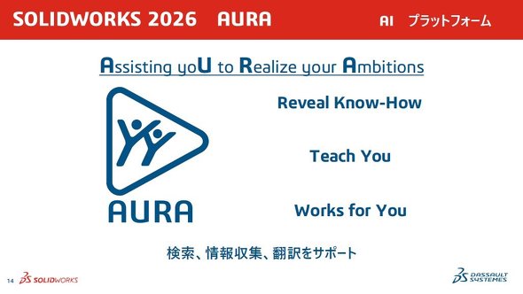 �����_�ł͂܂��ł��邱�Ƃ͌���I�����ACAD�c�[����AI�G�[�W�F���g���g�ݍ��܂����B�uSOLIDWORKS 2026�v�ł��uAURA�v�����ڂ����