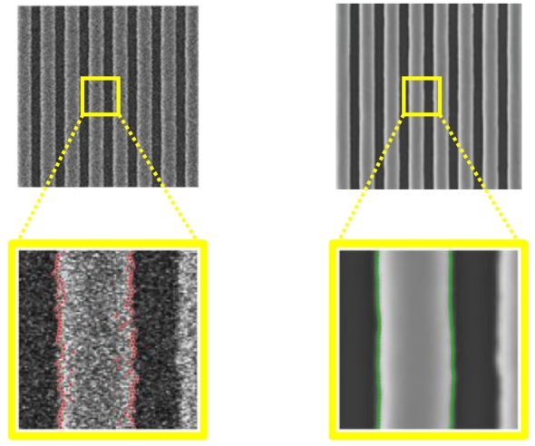 CD-SEM�����f�[�^�̌��摜�i���j�ƃG�b�W�����y��AI���f���ɂ�鏈����̉摜�i�E�j�̔�r