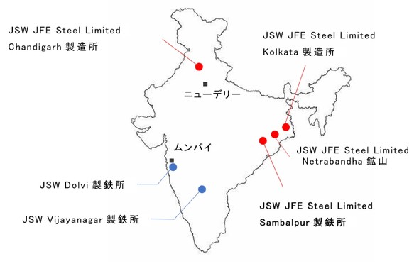 JSW�Ђ����JSW JFE Steel�Ђ̎�v���_�n�}