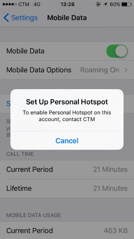 CTMのプリペイドSIMカードではiPhoneのモバイルホットスポットを有効にできない