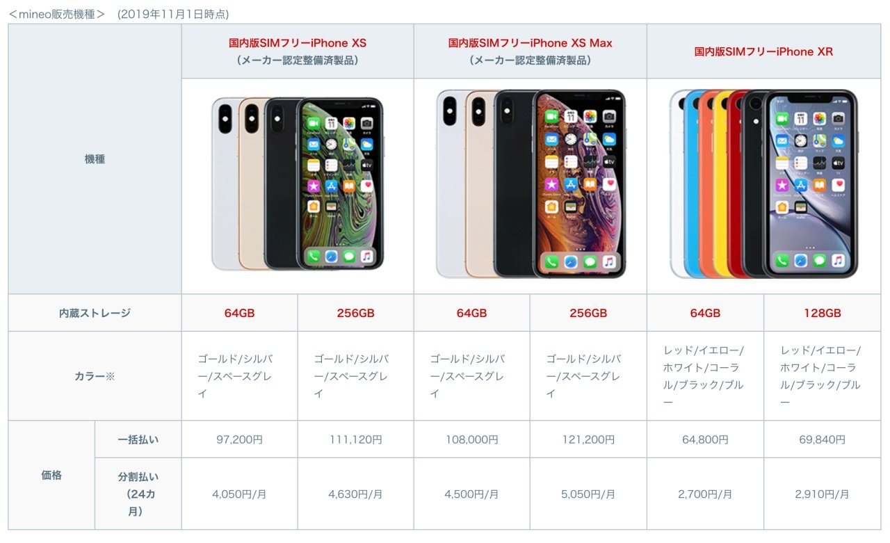 mineoが「iPhone XS／XR」などを取扱い Web限定で11月1日から販売 - ITmedia Mobile