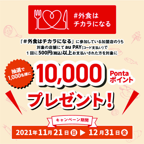 au PAYの総額1000万Pontaポイントプレゼントキャンペーン 「＃外食はチカラになる」参加で当たる - ITmedia Mobile