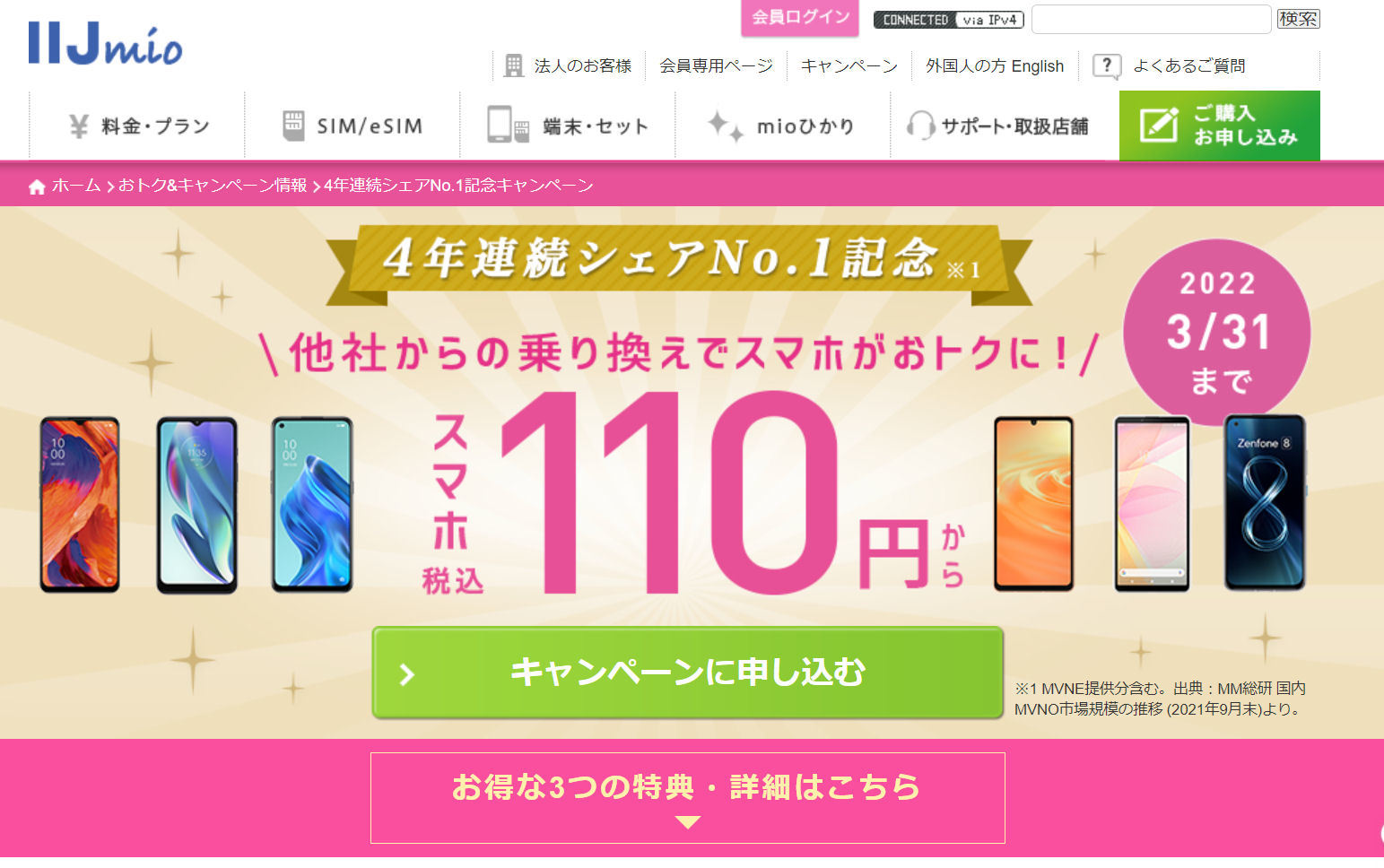 スマホが110円から IIJmioで「4年連続シェア 
