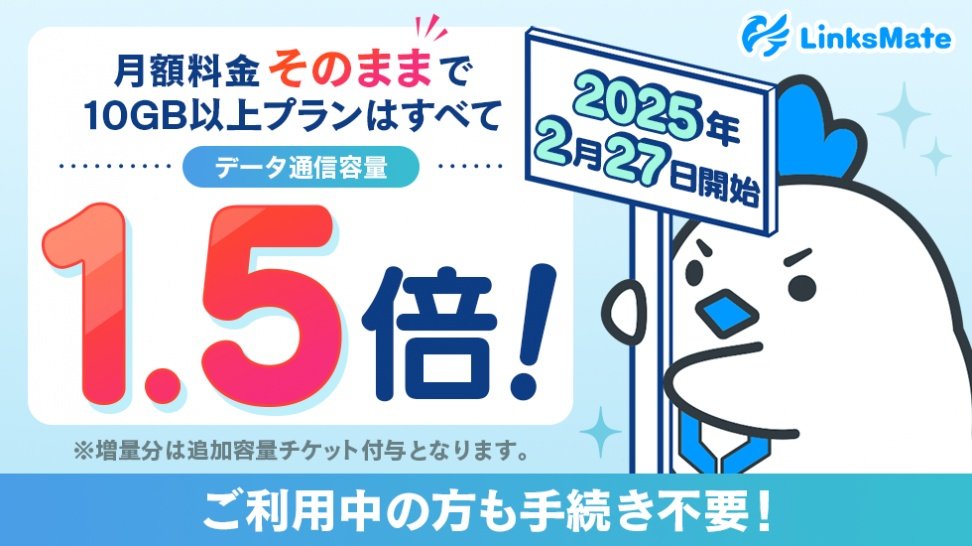 LinksMate、10GB以上の料金プランでデータ増量 月額料金は据え置き