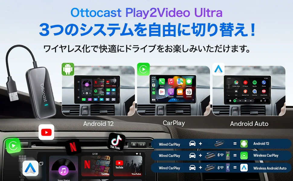 Ottocast Play2Video Ultra CarPlay無線化 車載デバイス「Ottocast Play2Video Ultra」発売 ケーブル1本でCarPlay