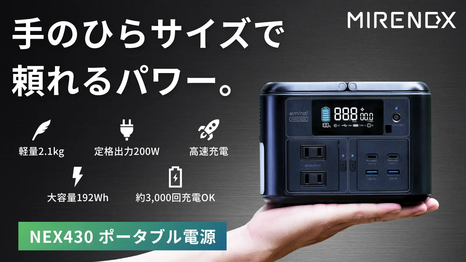 手のひらサイズのポータブル電源「MIRENEX NEX430」、Makuakeで先行販売　6万mAhのバッテリー搭載