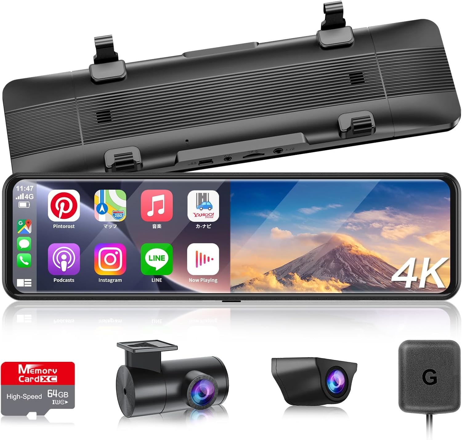 ワイヤレスのCarPlay／Android Autoが使えるミラー型ドラレコが30