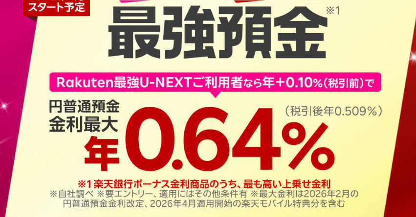 「楽天モバイル×楽天銀行 ボーナス金利」開始 円普通預金の金利が年最大0.64%に