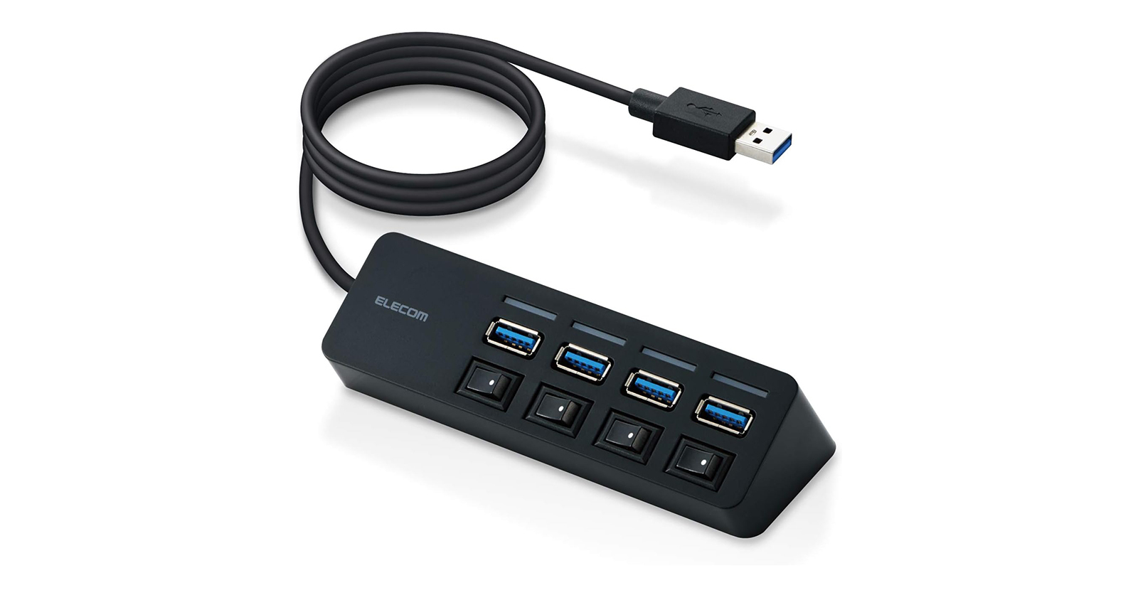 マグネット固定、個別スイッチ搭載ハブ「エレコム USBハブ U3H-S418BBK」が15％オフの2170円に