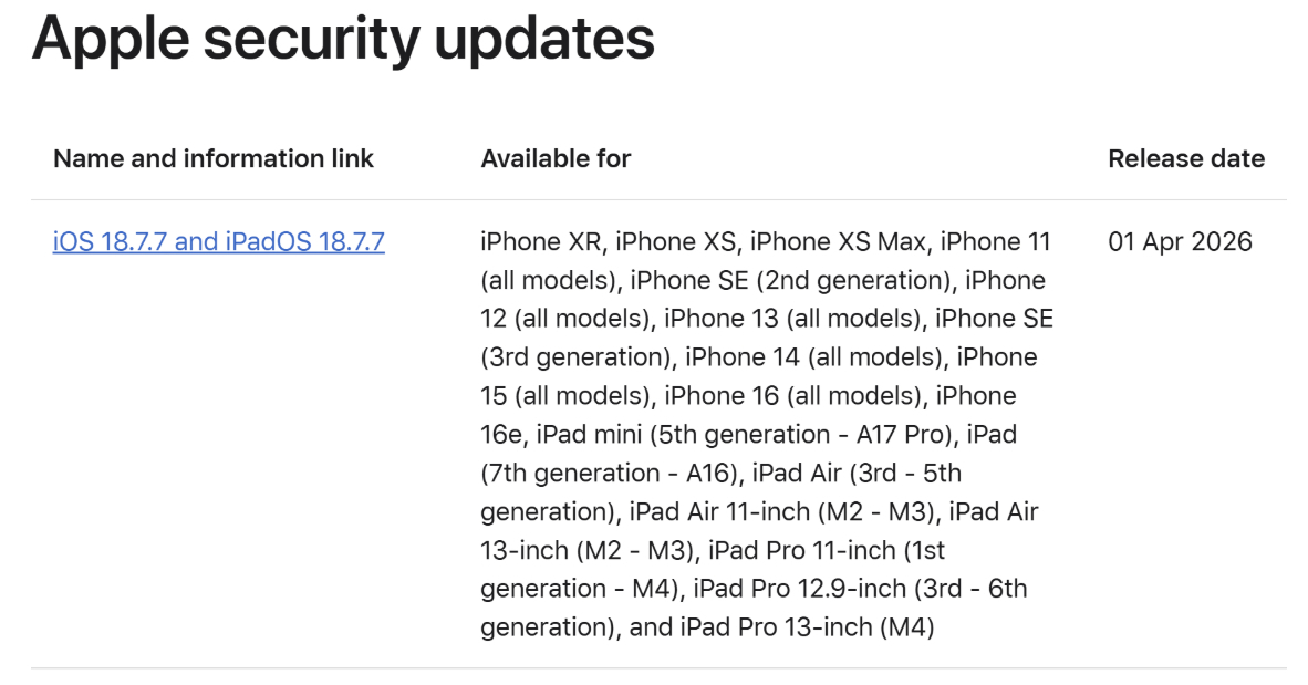 Apple、異例の「iOS 18.7.7」配信対象拡大　Web攻撃「DarkSword」対策で