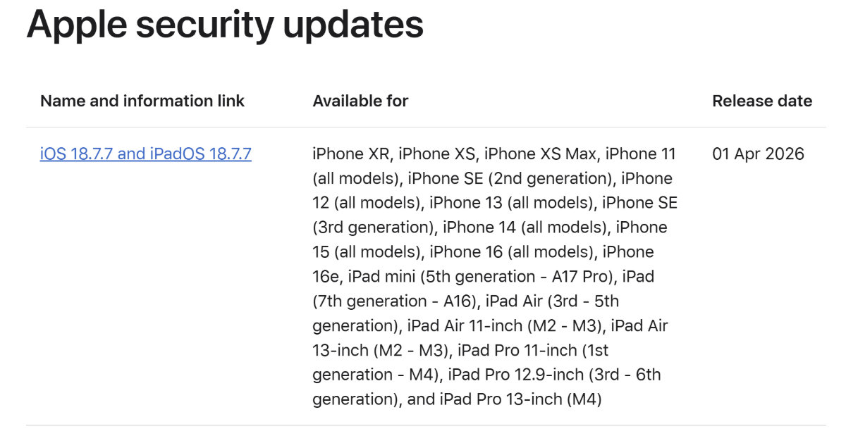 Apple、異例の「iOS 18.7.7」配信対象拡大 Web攻撃「DarkSword」対策で