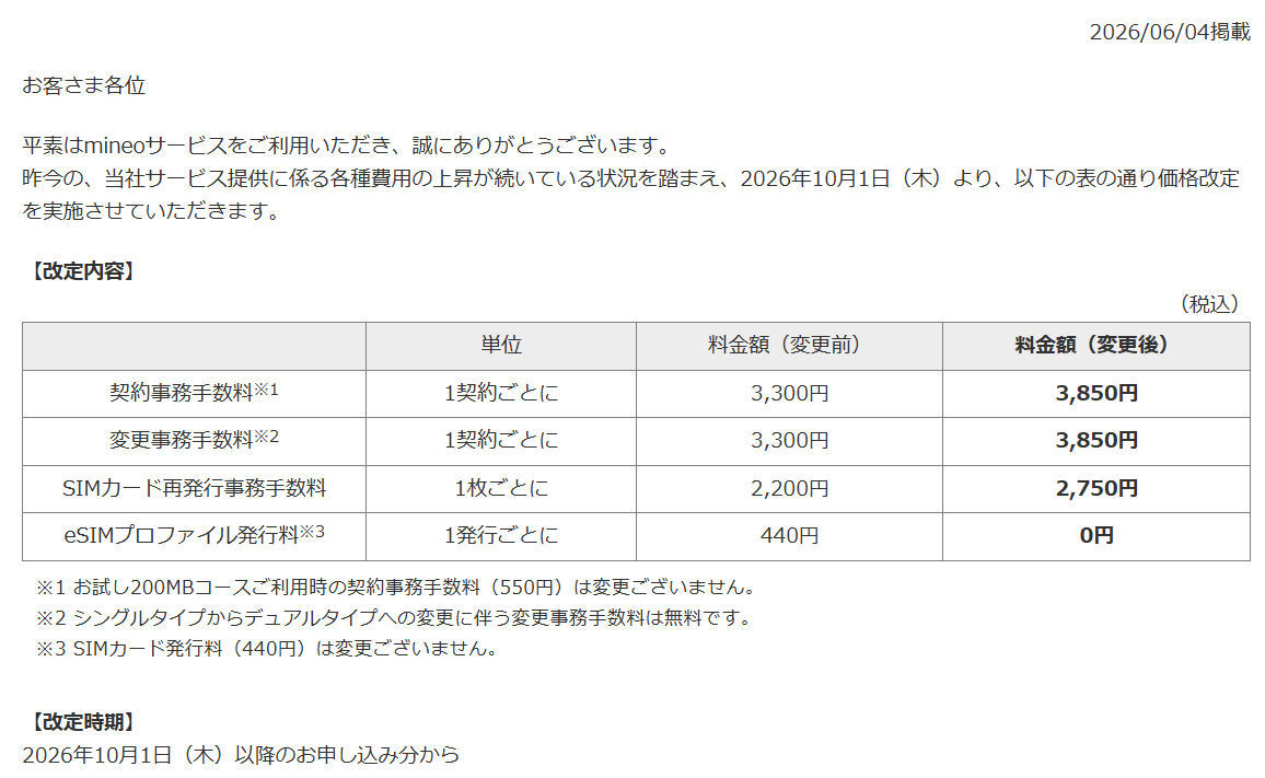 mineoの各種手数料を値上げ、eSIMプロファイル発行料は0円に 10月から