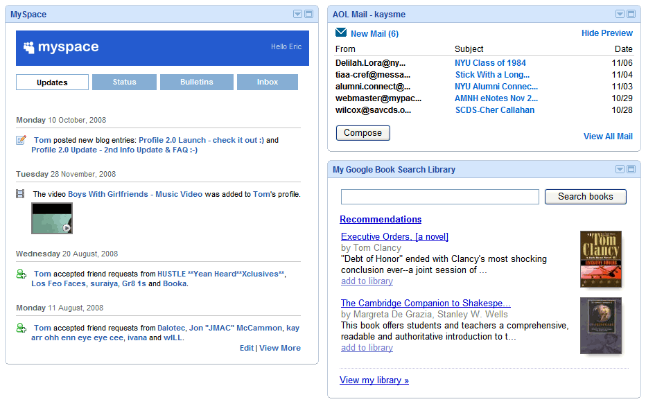 iGoogleでMySpaceの更新やAOLメールの新着をチェックできるガジェット ITmedia NEWS