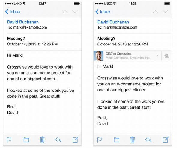 Iphoneのメールに送信者プロフィールが自動挿入される Linkedin Intro Itmedia News