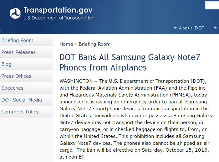 米連邦政府 リコール対象の Galaxy Note7 の機内持ち込み禁止の緊急命令 Itmedia News