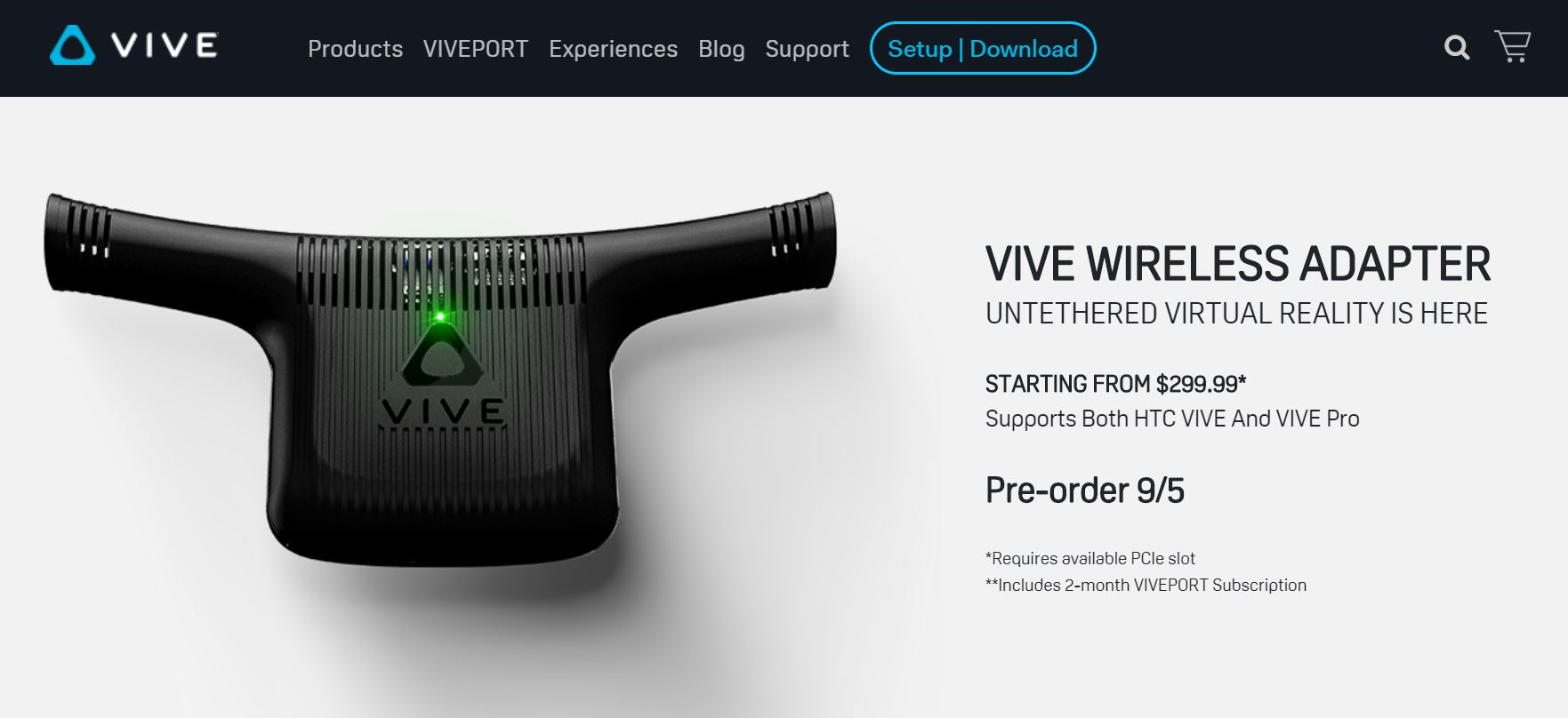 PC/タブレット PC周辺機器 VIVEを無線にする「Wireless Adaptor」、9月に300ドルからで発売へ 