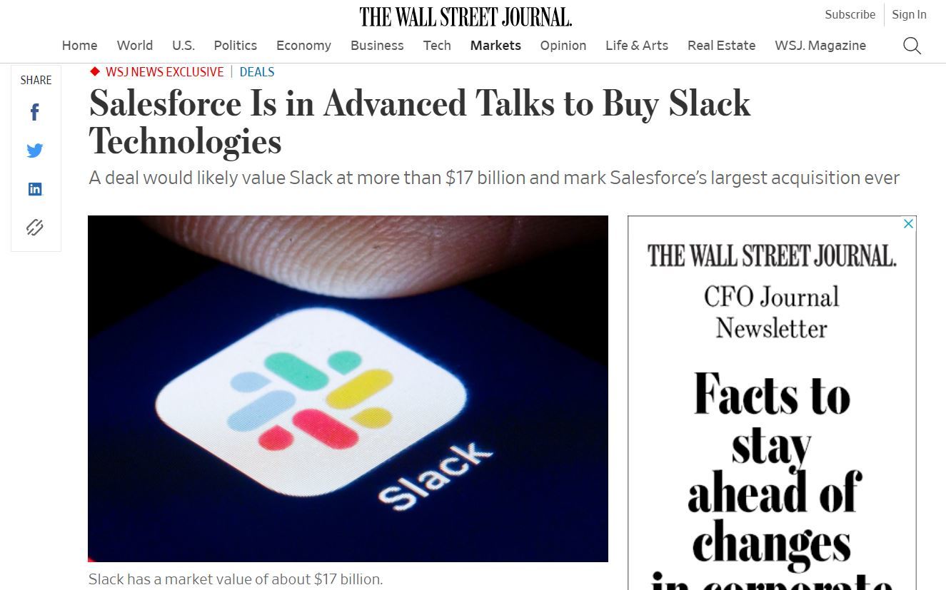 Slack、salesforce.comが170億ドルで買収か──Wall Street Journal報道