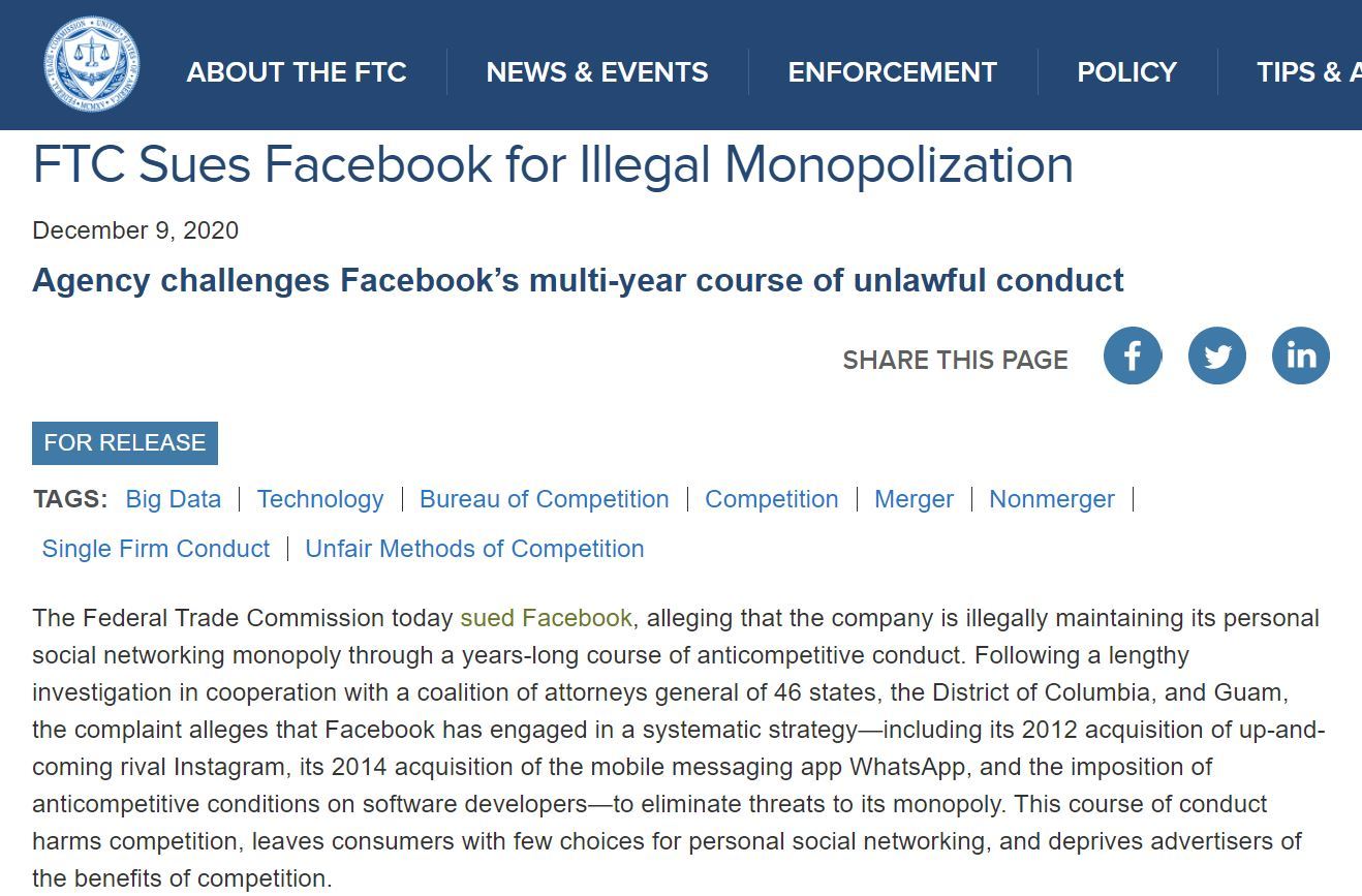 Facebookを米FTCと46州が独禁法違反で提訴