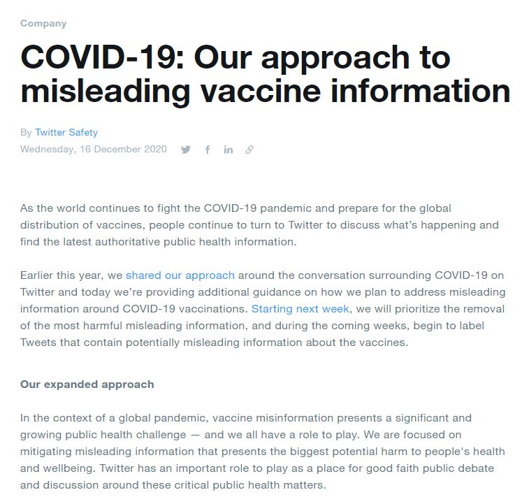 Twitter、新型コロナワクチン関連の偽情報ツイートを削除へ