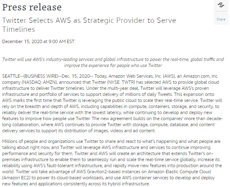 Twitter、「タイムライン」機能の基盤にAWSのクラウド採用