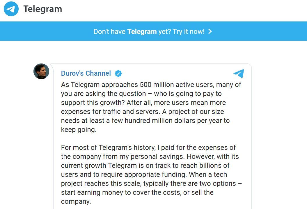 Telegram、2021年から広告でのマネタイズ開始　MAU5億人で苦渋の選択