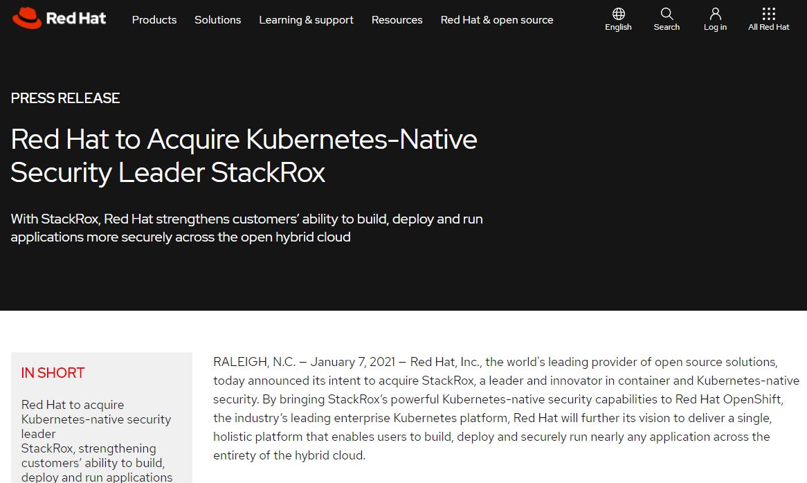 Red Hat、Kubernetesネイティブなセキュリティベンダー「StackRox」を買収