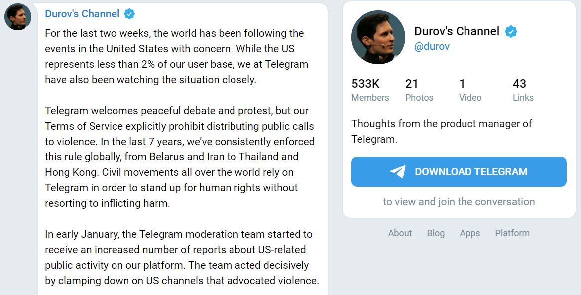 Telegram、米ユーザーの数百件の暴力扇動投稿を削除　「政治的議論は歓迎するが暴力は阻止する」とCEO