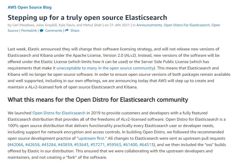 AWS、商用サービス化を制限するライセンス変更に対抗し「Elasticsearch」をフォーク　独自のオープンソース版へ