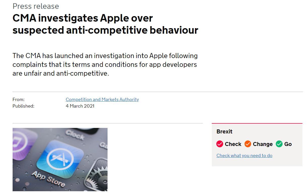 英政府、Appleを独禁法違反の疑いで調査開始　アプリストアの開発者向け規約で