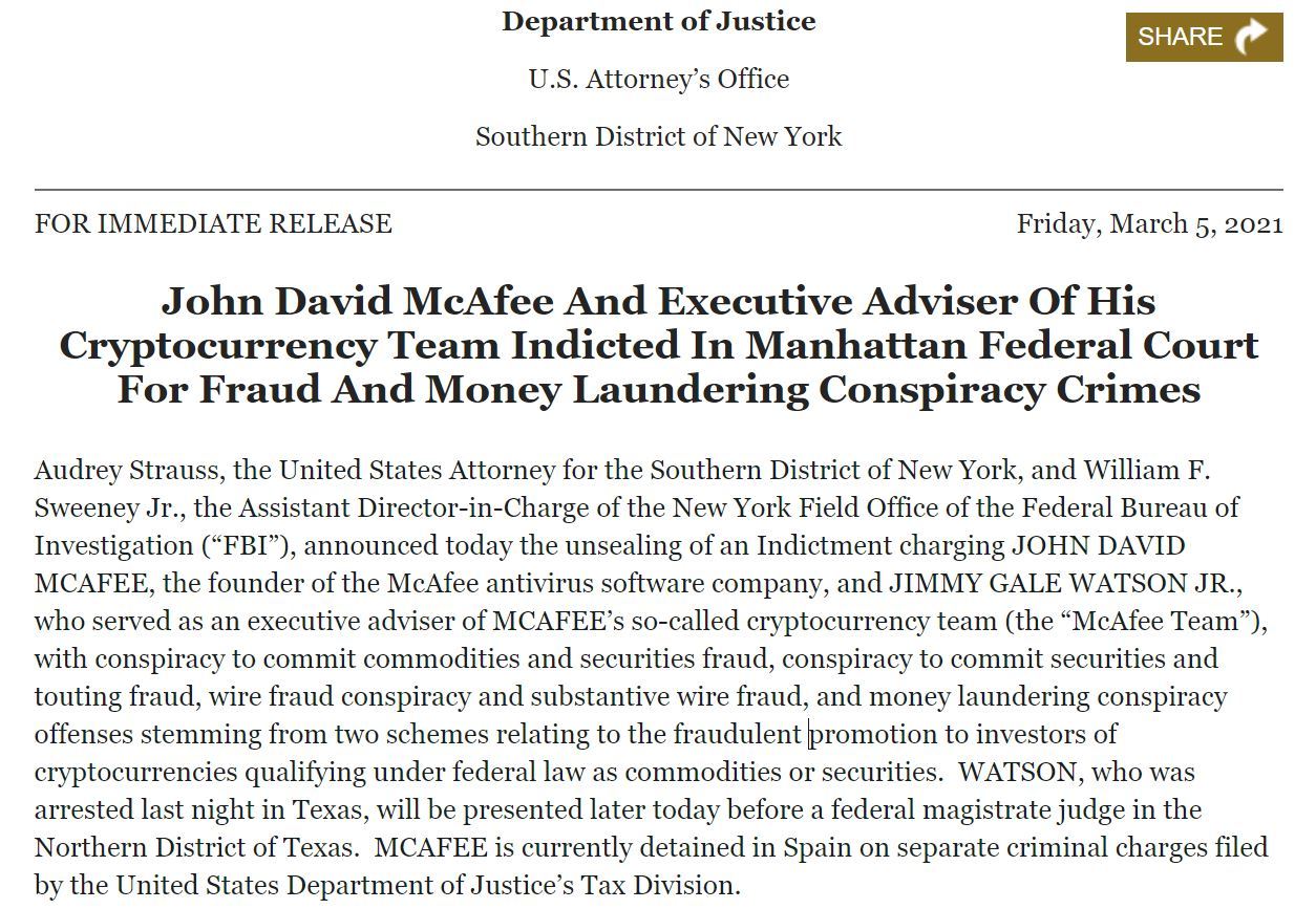 ジョン・マカフィー氏、今度は証券詐欺で起訴　ツイートによる暗号通貨のパンプ&ダンプ