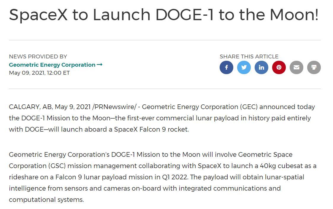 SpaceX、Dogecoin資本の小型人工衛星を来年打ち上げ
