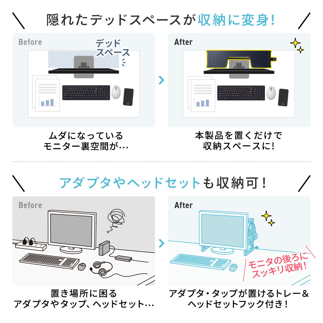 モニター裏に設置できる収納ラック、デッドスペースを有効活用