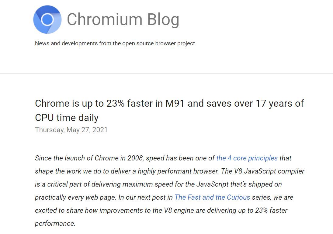 Google、「Chrome 91」は23％高速化　V8エンジン改善で