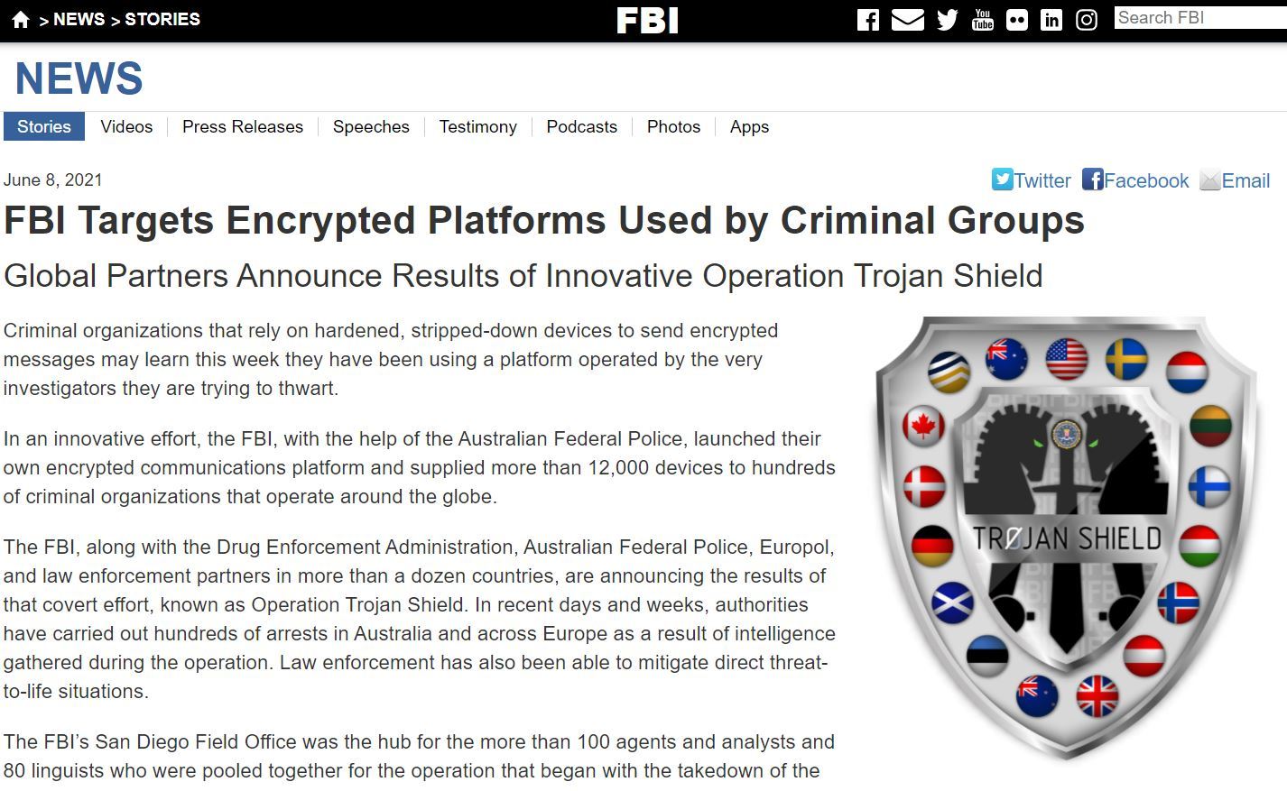 FBI、EUROPOL、AFPがおとり暗号化アプリ搭載スマホで犯罪組織を多数摘発