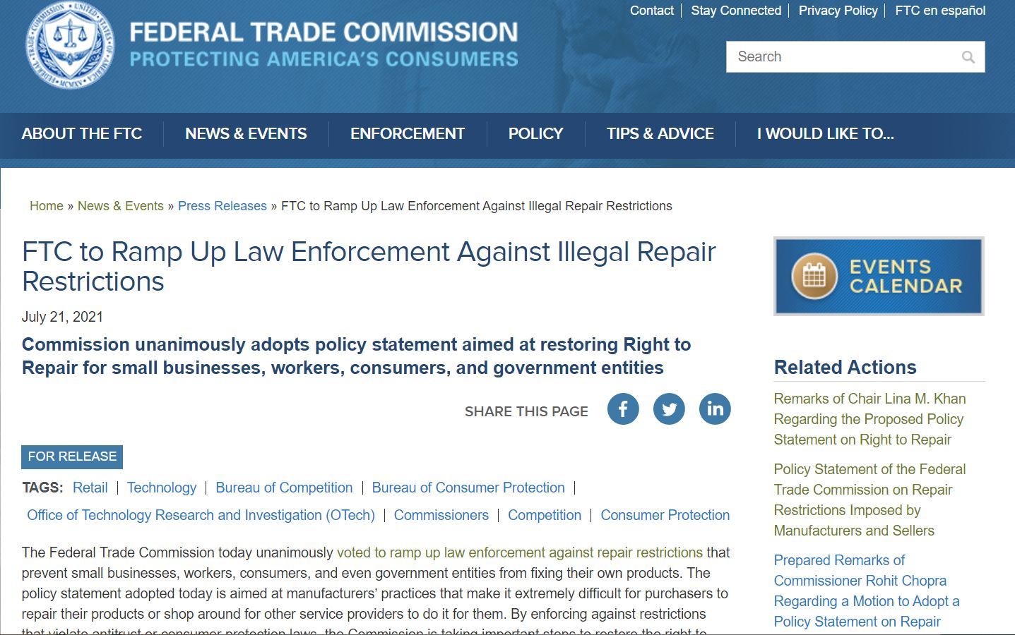 FTC、「修理する権利」制限に対する法的処置強化の政策声明
