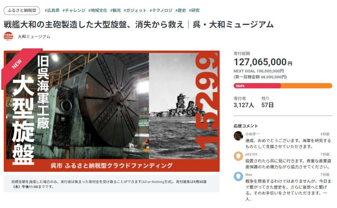 「戦艦大和の主砲を作った機械」に怒涛の寄付　「艦これ」運営も呼び掛け、クラファン1日で1億円突破