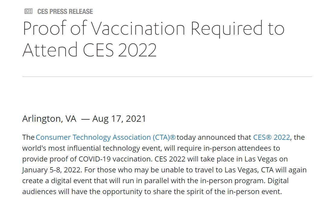 CES 2022のリアル会場、ワクチンパスポート必携に