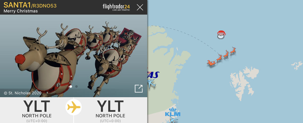 サンタ、北極海を南下中　航空機追跡サイト「フライトレーダー24」に機影